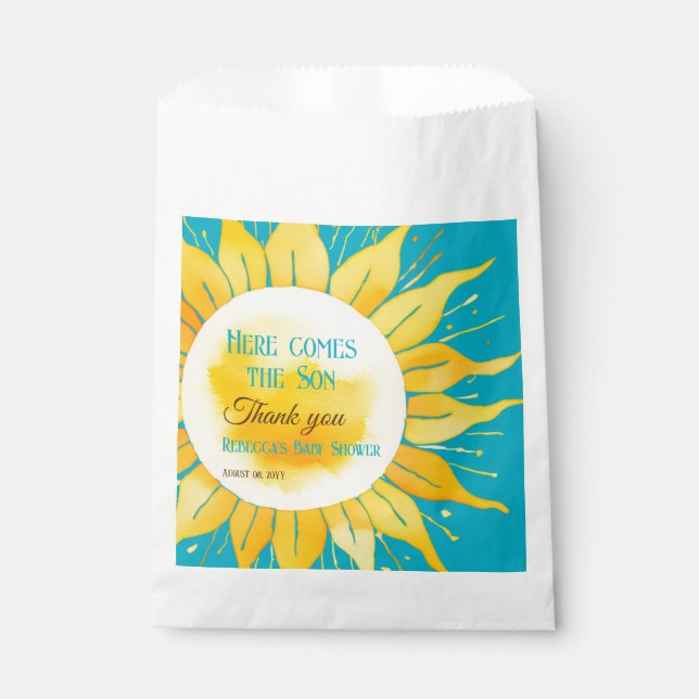 Here Comes the Son Boy Blue Sunshine Baby Shower Favour Bags (Front)