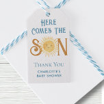 Here Comes The Son Boy's Baby Shower Gift Tags<br><div class="desc">This cute boy's baby shower gift tag features the text "Here Comes The Son" in blue retro typography with a smiling yellow watercolor sun. Easily customisable. Because we create our artwork you won't find this exact image from other designers. Original Watercolor © Michele Davies.</div>