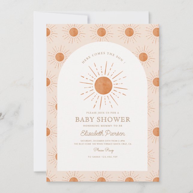 Here comes the son Burnt Orange Sun Baby Shower Invitation (Front)