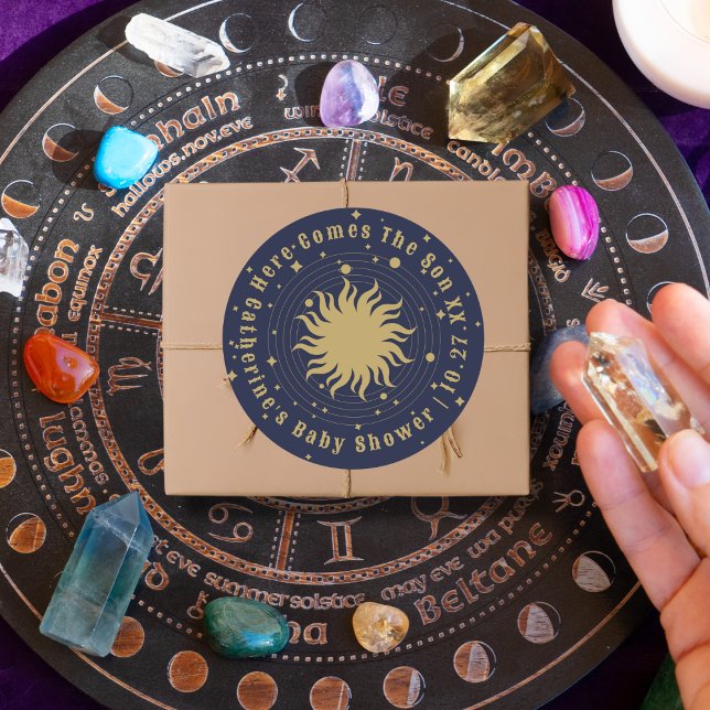 Here Comes The Son | Celestial Baby Shower Classic Round Sticker (Creator Uploaded)