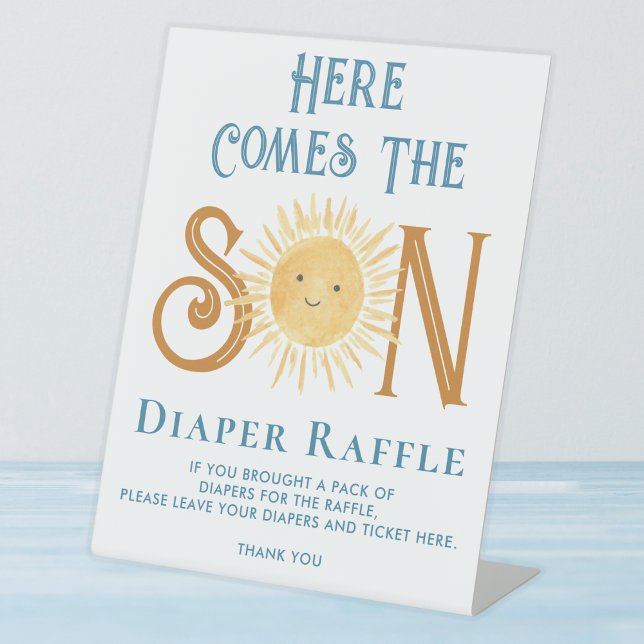 Here Comes The Son Diaper Raffle Baby Shower  Pedestal Sign (Creator Uploaded)