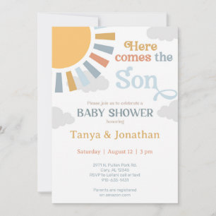 Here comes the Son groovy boy baby shower invite. Invitation