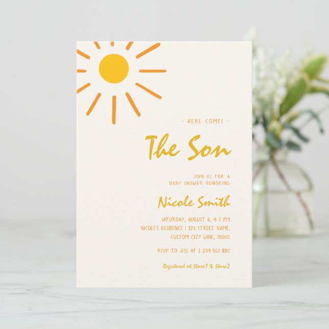 Here Comes the Son Handwriting Boy Baby Shower Invitation (Standing Front)