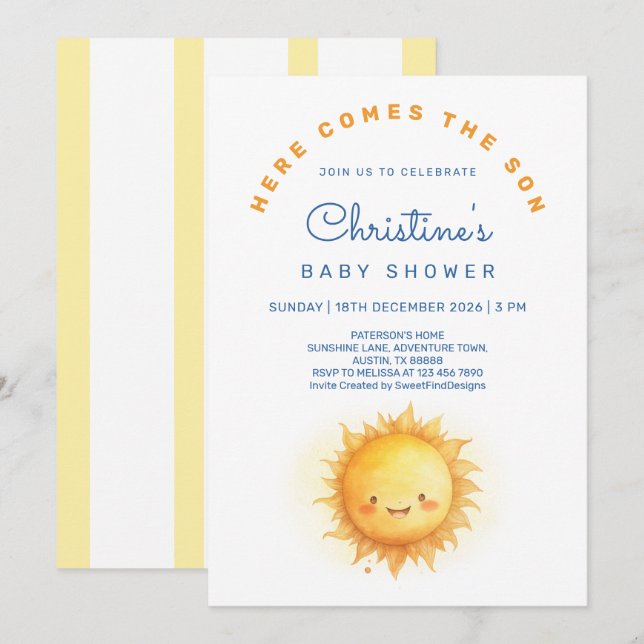 Here comes the son Modern Baby Boy Shower Invitation (Front/Back)