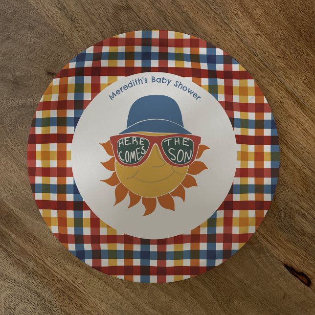 Here Comes the Son Plaid Baby Boy Shower Paper Plate (Creator Uploaded)