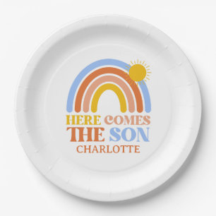 Here Comes The Son Rainbow Boy Baby Shower Paper Plate