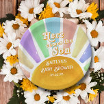 Here Comes The Son Retro Boys Baby Shower Paper Plate<br><div class="desc">Celebrate in style with these trendy baby shower paper plates. This design is easy to personalise with your special event wording and your guests will be thrilled when they see these fabulous paper plates. Matching items can be found in the collection.</div>