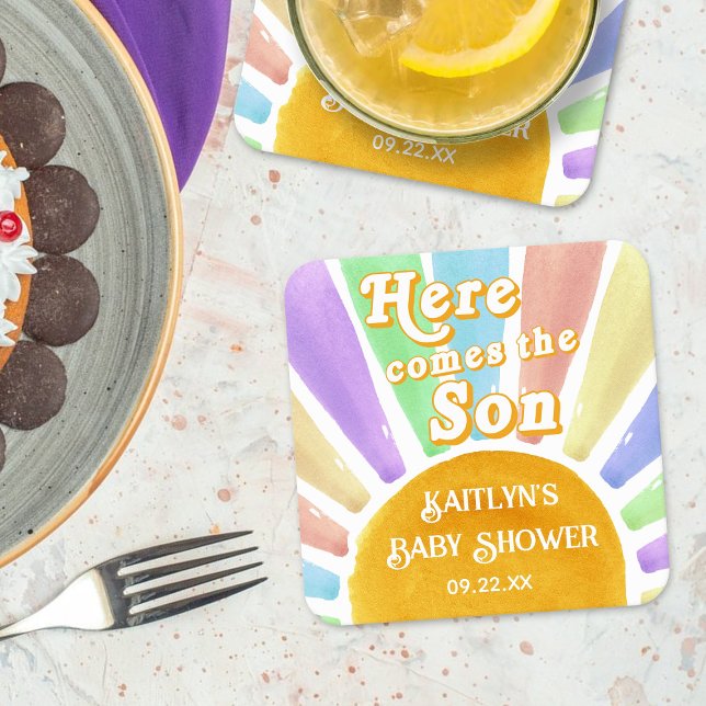 Here Comes The Son Retro Boys Baby Shower Square Paper Coaster (Creator Uploaded)