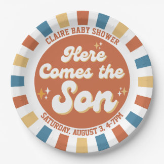 Here Comes the Son Retro Groovy Baby Shower Birth Paper Plate