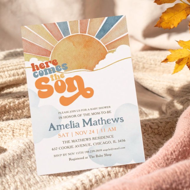 Here Comes The Son Retro Script Boy Baby Shower Invitation (Creator Uploaded)