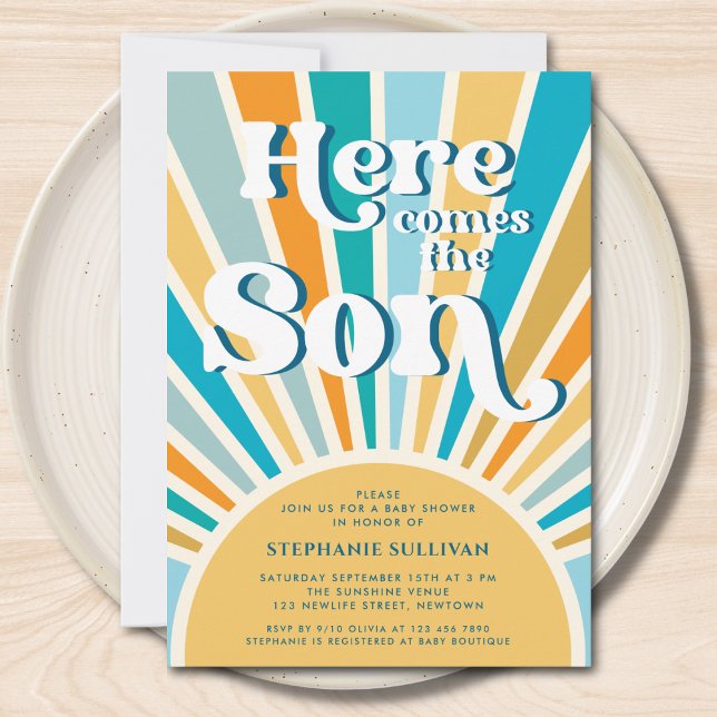 Here Comes the Son Retro Sun Baby Shower Invitation (Creator Uploaded)