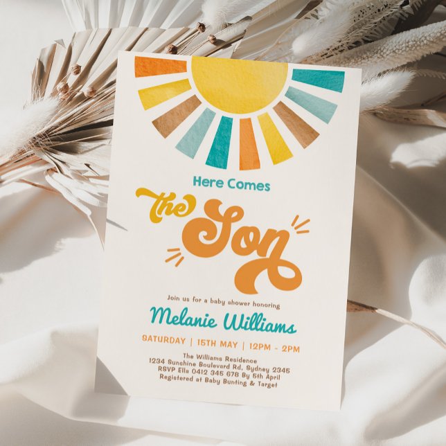 Here Comes the Son Retro Sun Boy Baby Shower Invitation (Creator Uploaded)