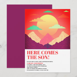Here Comes The Son Retro Sunrise Baby Shower Invitation