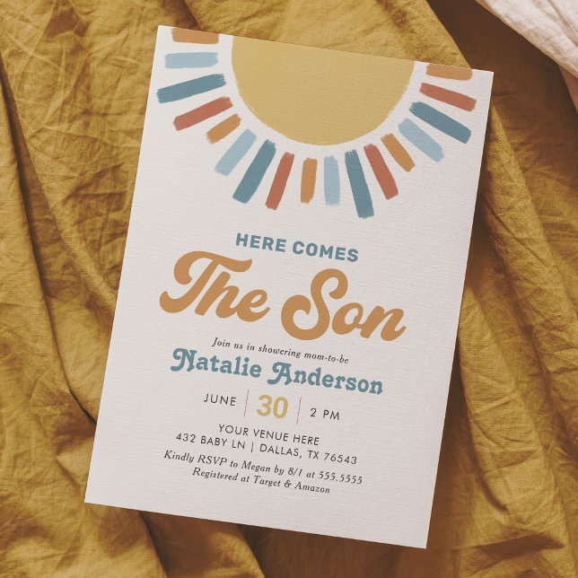Here Comes the Son Retro Sunshine Baby Shower Invitation (Creator Uploaded)