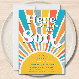 Here Comes The Son Retro Sunshine Boy Baby Shower Invitation