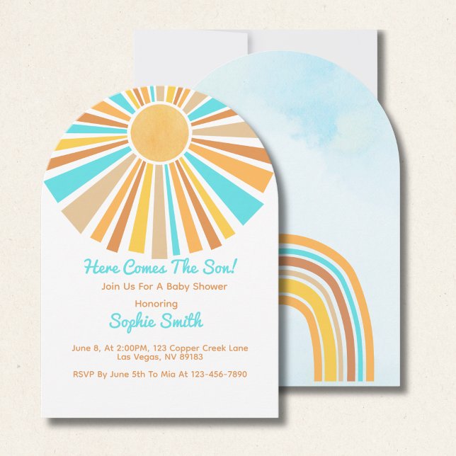 Here Comes The Son, Retro Sunshine Orange Blue  Invitation (Creator Uploaded)