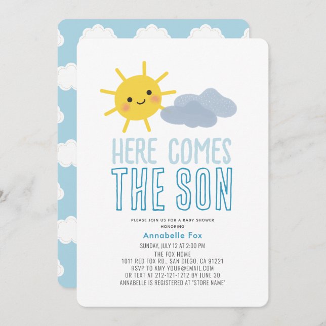 Here Comes the Son Smiling Sun Boy Baby Shower Invitation (Front/Back)