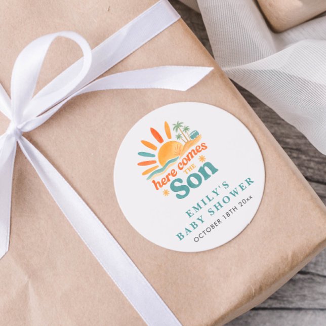 Here Comes The Son Summer Baby Boy Shower Classic Round Sticker (Creator Uploaded)