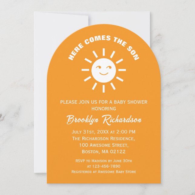 Here Comes The Son Sun Orange White Baby Shower Invitation (Front)