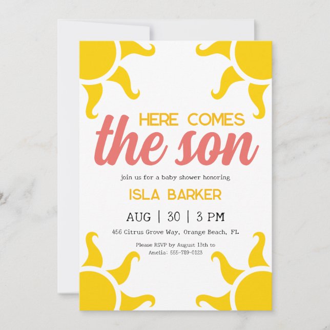 Here comes the son sunshine baby shower invitation (Front)