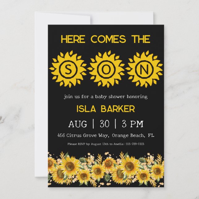 Here comes the son sunshine baby shower invitation (Front)