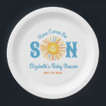 Here Comes the Son Sunshine Baby Shower Paper Plate<br><div class="desc">Our 'Here Comes the Son' baby shower paper plates are perfect for your boy baby shower. Personalise this the napkin with Mother to be's name and baby shower date for her sunshine themed baby shower. Designed for you by Blackberry Boulevard.</div>