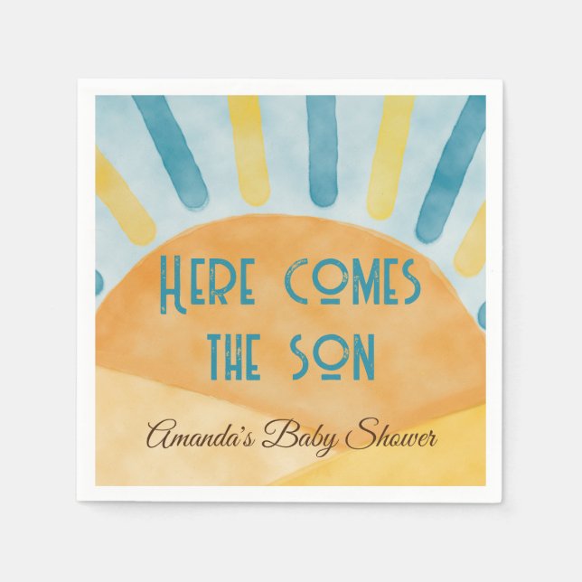 Here Comes the Son Sunshine Blue Ray Baby Shower Napkin (Front)