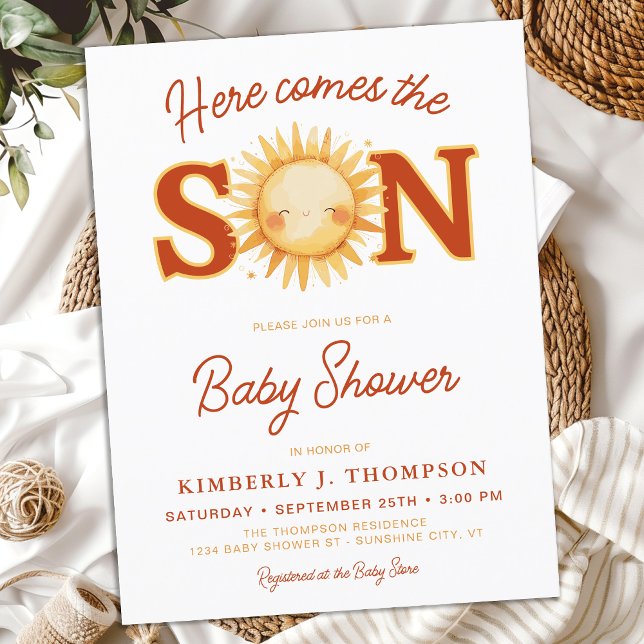 Here Comes The Son Sunshine Boho Boy Baby Shower Invitation Postcard (Creator Uploaded)