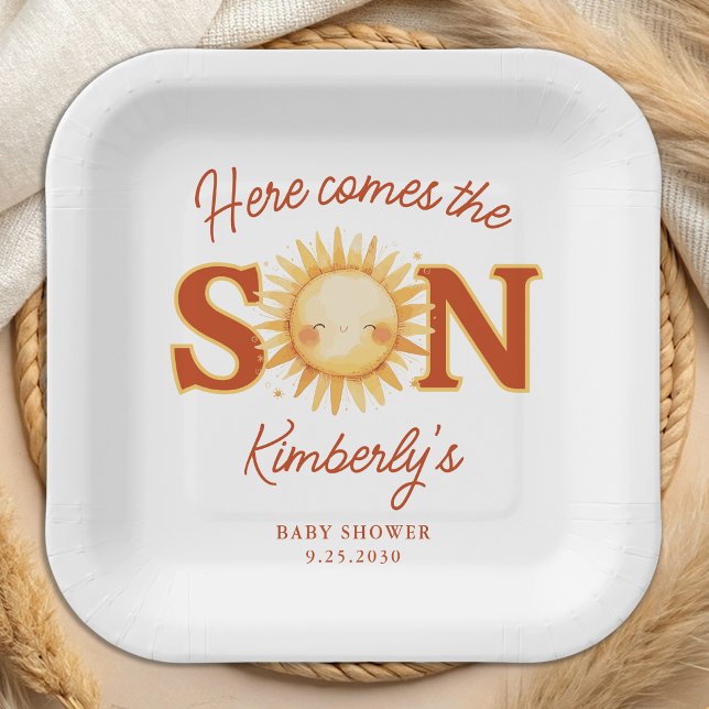 Here Comes The Son Sunshine Boho Cute Baby Shower Paper Plate (Creator Uploaded)