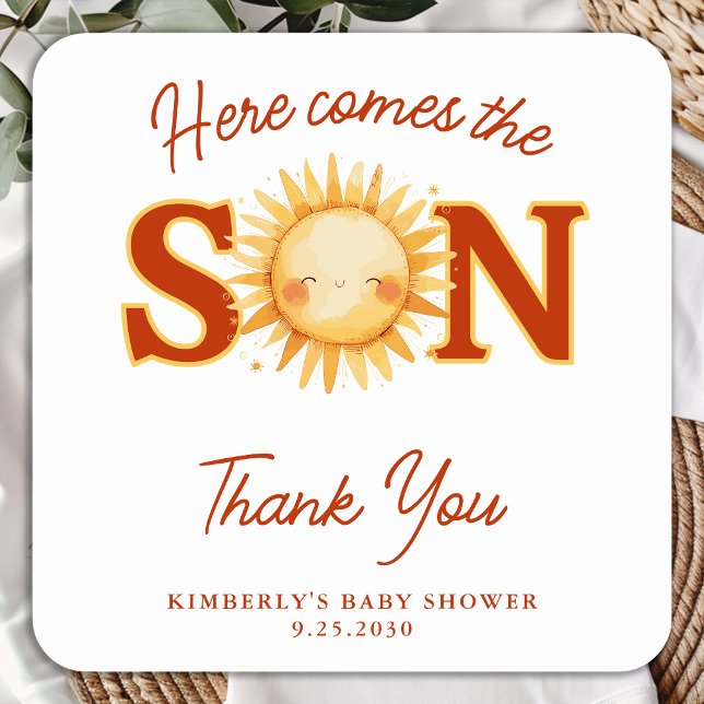 Here Comes The Son Sunshine Boho Cute Baby Shower Square Sticker (Creator Uploaded)