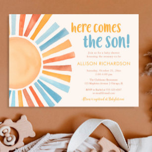 Here comes the son sunshine boy baby shower invitation