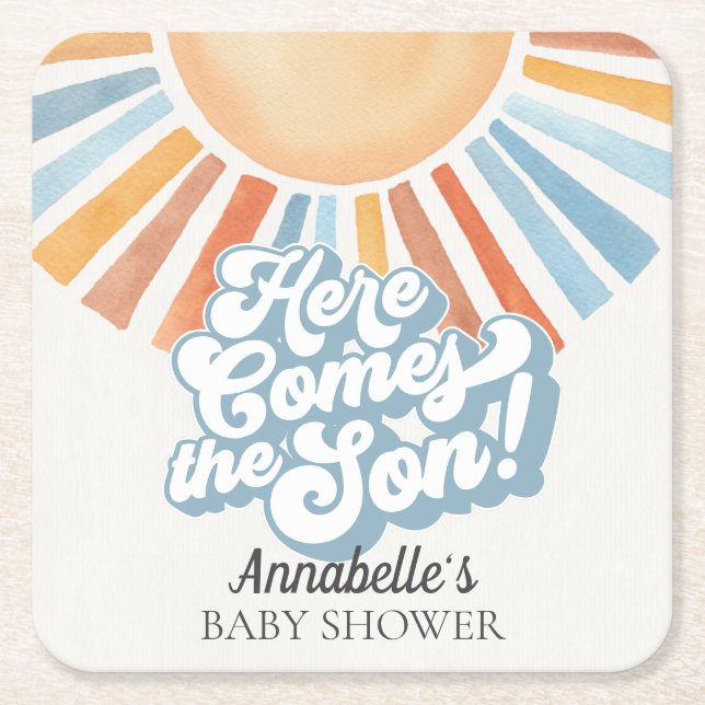 Here Comes the Son Sunshine Boy Baby Shower Party Square Paper Coaster (Front)