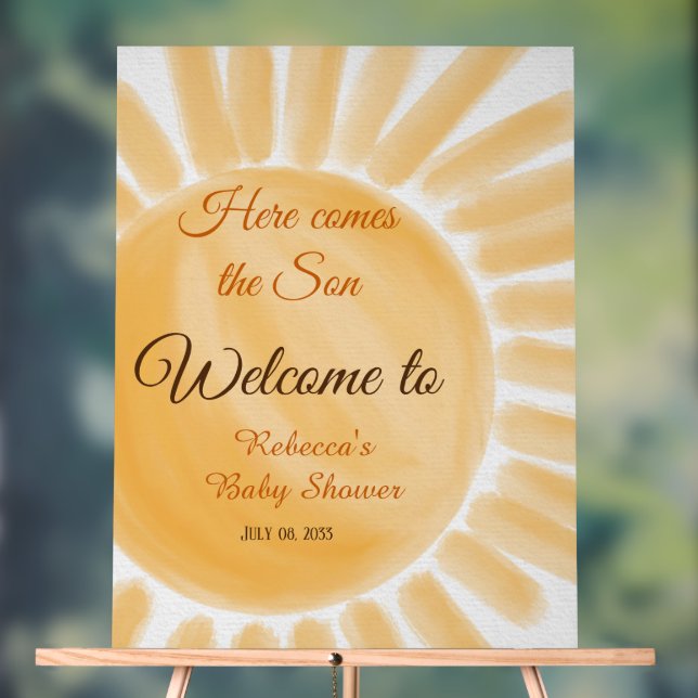 Here Comes the Son Sunshine Ray Yellow Baby Shower Acrylic Sign (Neutral)