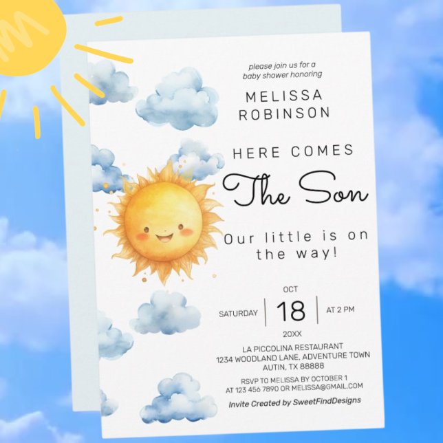 Here comes the Son Watercolor Baby Boy Shower Invitation (Here comes the Son Watercolor Baby Boy Shower Invitation)