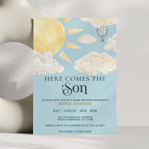 Here Comes the Son Watercolor Sun Cloud Whimsical  Invitation
