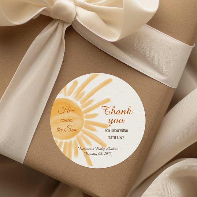 Here Comes the Son Yellow Ray Sunshine Baby Shower Classic Round Sticker (Creator Uploaded)