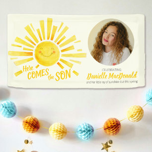 Here comes the son yellow sun photo baby shower banner