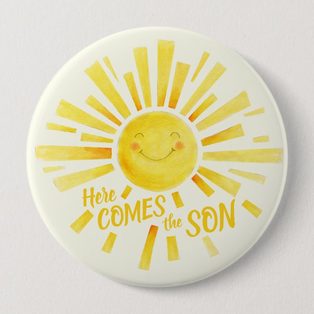 Here comes the son yellow sun whimsy baby shower 10 cm round badge (Front)