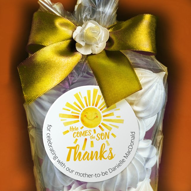 Here comes the son yellow sun whimsy baby shower classic round sticker (Creator Uploaded)