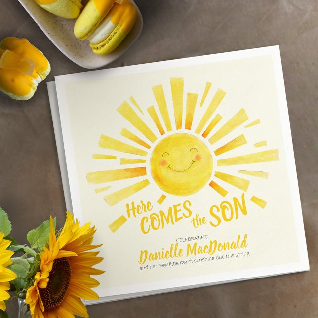 Here comes the son yellow sun whimsy baby shower napkin (Creator Uploaded)