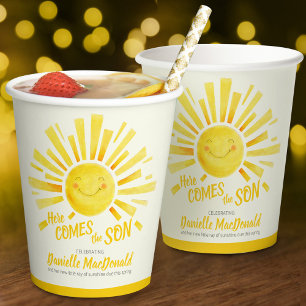 Here comes the son yellow sun whimsy baby shower paper cups