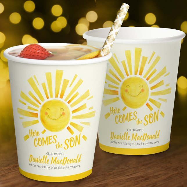 Here comes the son yellow sun whimsy baby shower paper cups (Creator Uploaded)