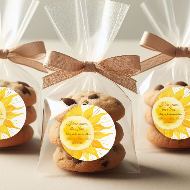 Here Comes the Son Yellow Sunshine Baby Shower Classic Round Sticker (Creator Uploaded)