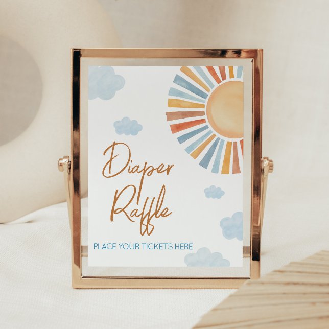 Here Comes The Sun Baby Shower Diaper Raffle Poster (Blue Boho Sunshine Baby Shower Diaper Raffle Sign)
