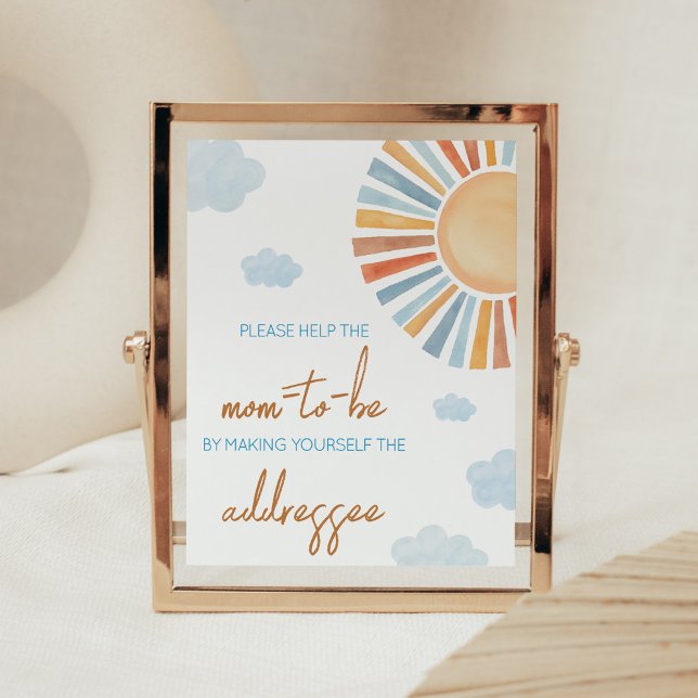 Here Comes The Sun Baby Shower Envelope Station Poster (Blue Boho Sunshine Baby Shower Envelope Station Sign)