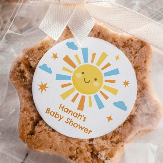 Here Comes the Sun Baby Shower Favour Classic Round Sticker (Creator Uploaded)
