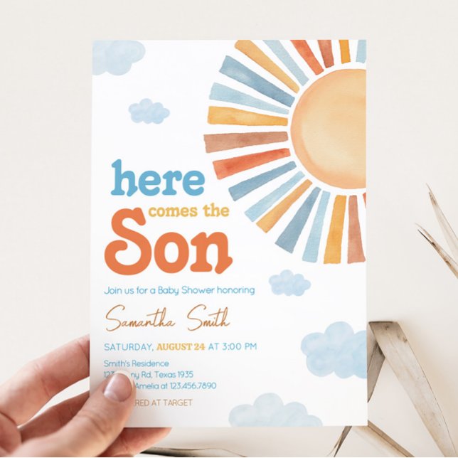 Here Comes The Sun Baby Shower  Invitation (Blue Boho Sunshine Baby Shower Invitation)