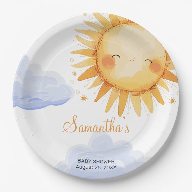 Here comes the Sun baby shower invitation  Paper Plate (Front)