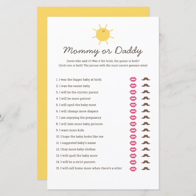 Here Comes The Sun Baby Shower Mummy or Daddy Game (Front/Back)