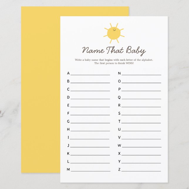 Here Comes The Sun Baby Shower Name That Baby Game (Front/Back)